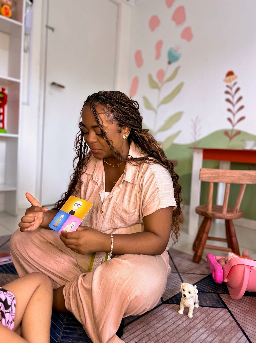 Fonoaudióloga utilizando cartões de estímulo de fala durante atendimento infantil